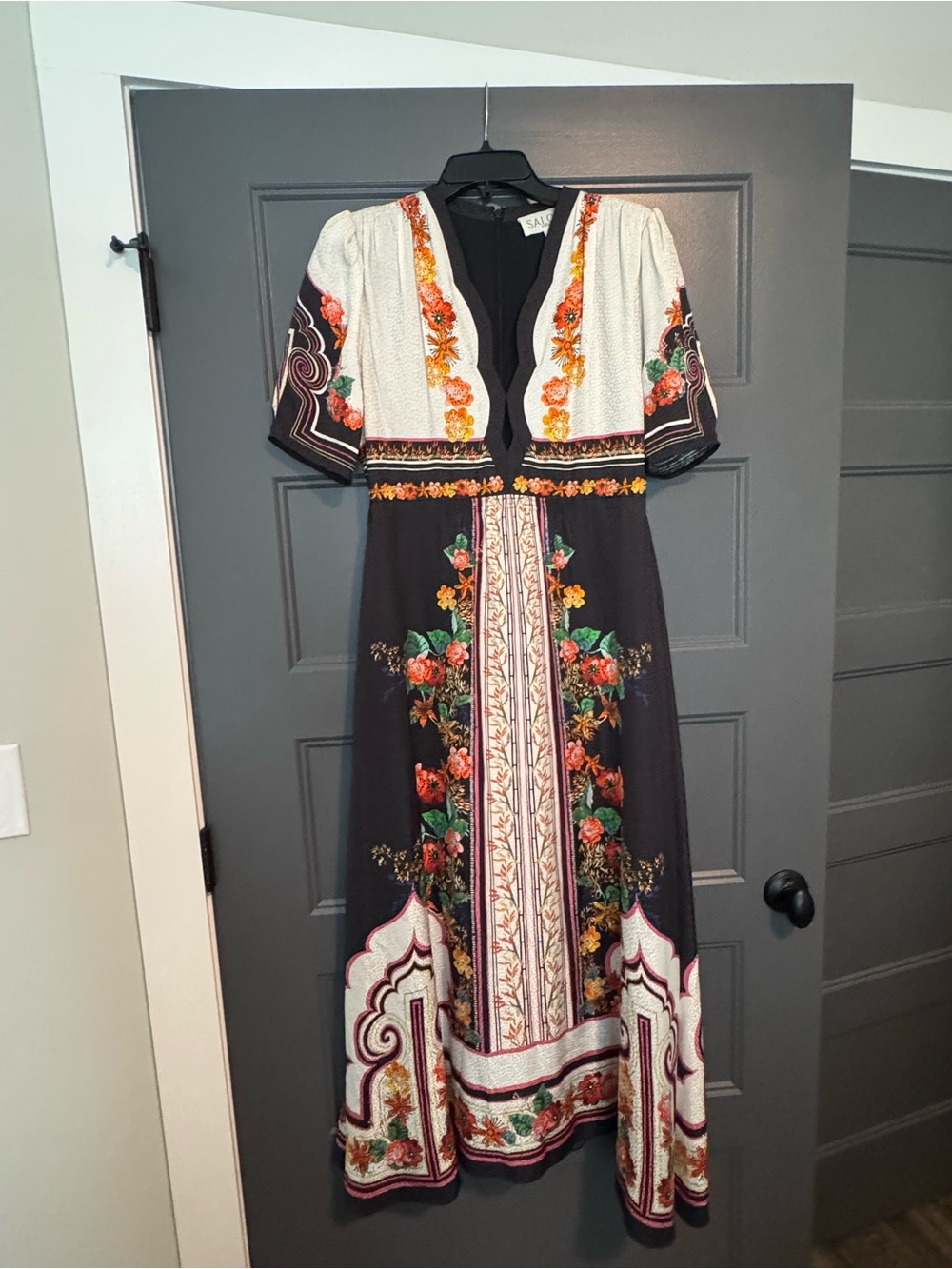 SALONI Black Maxi Dress with Cream, Orange & Green Floral Embroidery